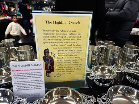 Edinburgh, Scotland, UK - February 15, 2026: Highland quaichs and pewter drinking bowls displayed as...