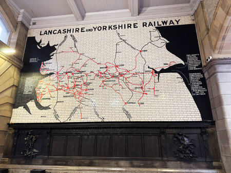 Manchester, UK - February 15, 2026: Large tiled mural map of the Lancashire and Yorkshire Railway...