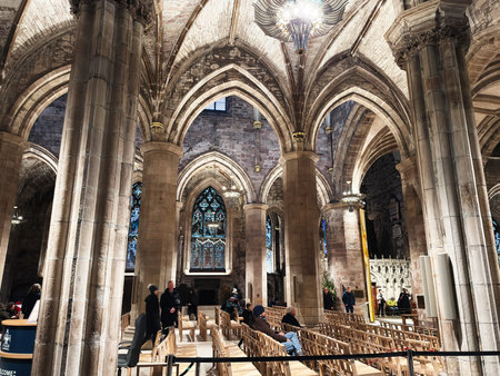 Edinburgh, Scotland, UK - February 15, 2026: Historic Gothic St Giles cathedral interior in Edinburgh, Scotland, UK featuring vaulted arches, stained glass and quiet atmosphere.のeditorial素材