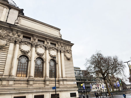 London, UK - February 01, 2026: Historic neoclassical Methodist Central Hall building with ornate stone facade and tall arched windows on a London UK Tothill street.のeditorial素材