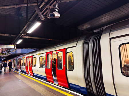 London, UK - February 01, 2026: Crowded London tube Bayswater platform at dusk with commuters boarding a modern train under station lights.のeditorial素材