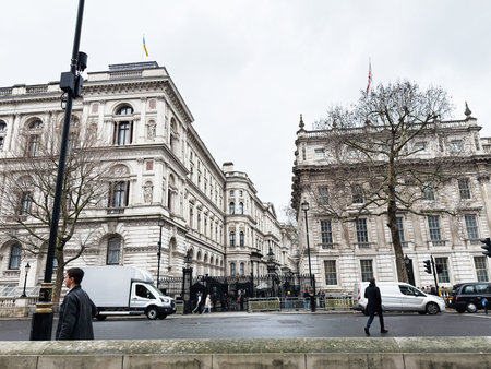 London, UK - February 02, 2026: Historic government architecture on a rainy London UK street with...