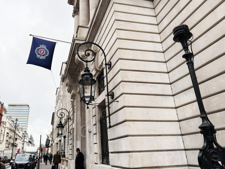 London, UK - February 02, 2026: Grand stone Royal Automobile Club facade and ornate street lanterns...
