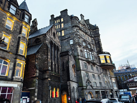 Edinburgh, Scotland, UK - February 15, 2026: Historic sandstone buildings with gothic details and...