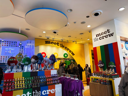 London, UK - February 02, 2026: Bright, colorful M and M retail interior featuring character...