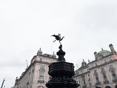 London, UK - February 02, 2026: Dramatic view of the Shaftesbury Memorial fountain and surrounding historic buildings at Piccadilly Circus, London, UK.のeditorial素材