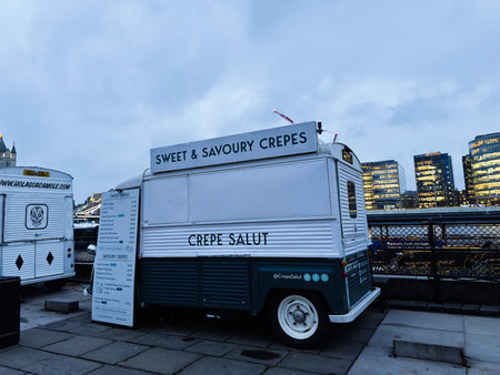 London, UK - February 02, 2026: Vintage crepe van serving sweet and savoury crepes on a London...