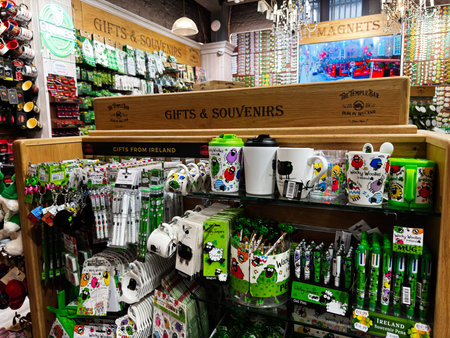 Dublin, Ireland - May 22, 2026: Bright souvenir display of mugs, pens, magnets and trinkets in a Dublin gift shop near Temple Bar.