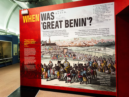 Liverpool, UK - May 16, 2026: Large museum panel in Liverpool UK showing a historic engraving and text about Great Benin heritage.