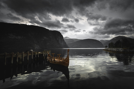 Longboat - viking's wooden boat on Norddalsfjorden in middle Norway.の写真素材