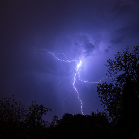 Summer stormy night with fantastic lighning show. Summer in Poland.の写真素材