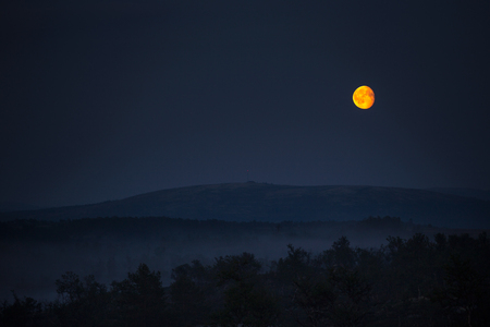Summer white night and foggy landscape with full moon in Nordgruvefeltet mining area in middle Norway. Magical mood of late summer night.の写真素材