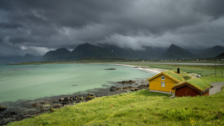 Sandbotnen bay near Fredvang, Lofoten island, Norway. Norwegian summer holidays.の写真素材