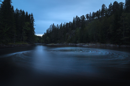 Evening mood in boreal forests of Norway. Waterfalls on river Homla. Long exposure shot. Natural...