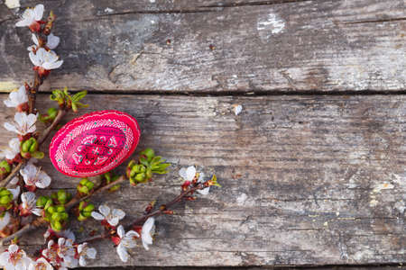 Happy easter with eggs and spring flowers on wooden backgroundの写真素材