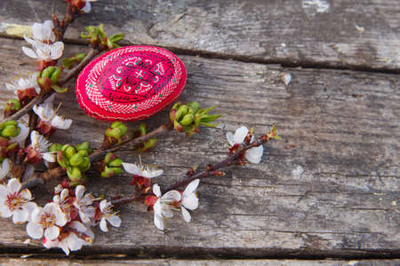 Happy easter with eggs and spring flowers on wooden backgroundの写真素材