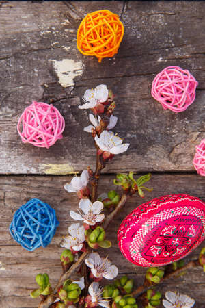 Happy easter with eggs and spring flowers on wooden backgroundの写真素材