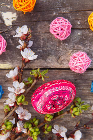 Happy easter with eggs and spring flowers on wooden backgroundの写真素材