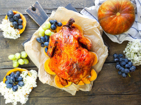 A turkey cooked for Thanksgiving is lying on a wooden tableの写真素材