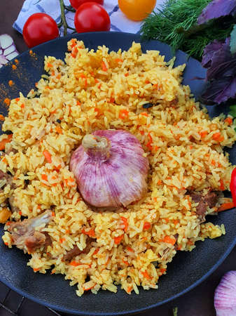 Freshly prepared rice and lamb pilafの写真素材