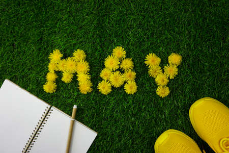 The word MAY is laid out on a green lawn of dandelion flowers, there are yellow sneakers and a notebook on the lawnの写真素材