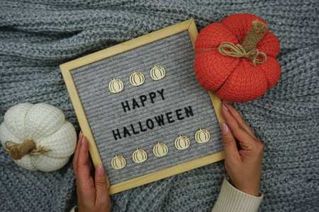 On a knitted gray background, a sign with the inscription - happy Halloween and there are knitted pumpkinsの写真素材