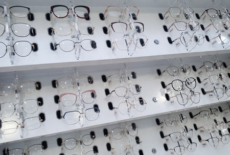A showcase from an optics store, a variety of eyeglass frames.