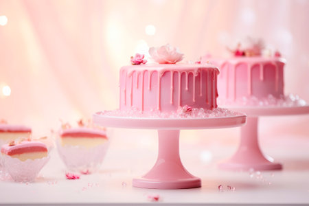 Beautiful cakes and desserts in pink tones on a pink background. Wedding cake. Birthday cake. Valentines Day cake.の素材