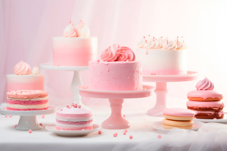 Beautiful cakes and desserts in pink tones on a pink background. Wedding cake. Birthday cake. Valentines Day cake.の素材