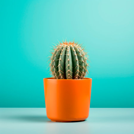 A green cactus with thorns grows in a ceramic pot. Minimalism. A bright banner.の素材