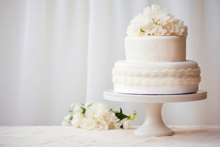 White multi-tiered wedding cake in white tones.の素材