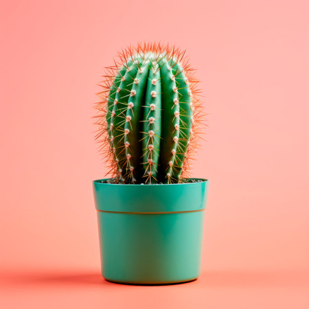 A green cactus with thorns grows in a ceramic pot. Minimalism. A bright banner.の素材