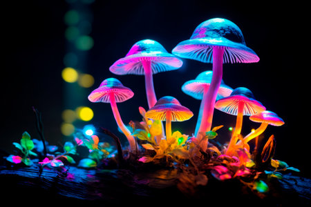 purple mushrooms with glowing pink and orange lights in a dark background.の素材