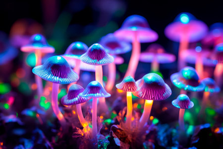 purple mushrooms with glowing pink and orange lights in a dark background.の素材
