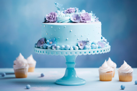 Blue cakes on a blue background. A variety of confectionery products.の素材