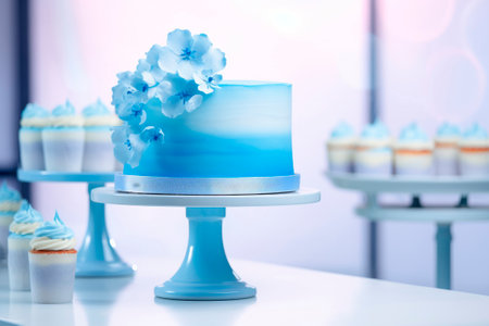 Blue cakes on a blue background. A variety of confectionery products.の素材