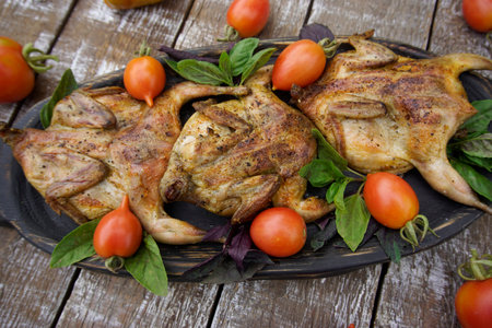 Freshly grilled quail. Fresh vegetables. Food photos.の写真素材