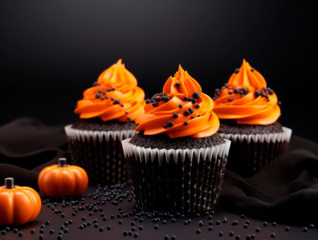 Cupcakes in black and orange tones for Halloween. Halloween celebration. Decoration of the dessert table for the celebration of Halloween.の素材