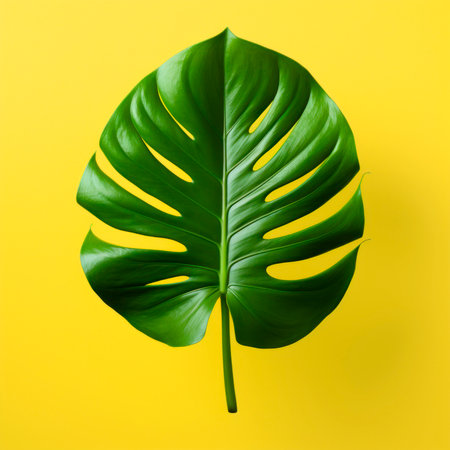 Green leaf monstera close-up on a yellow background. Minimalism.の素材