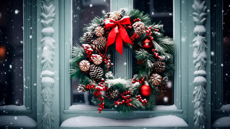 The facade of the building is decorated with a Christmas wreathの素材