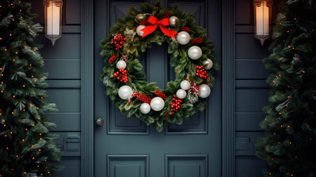Beautiful Christmas wreath hanging on wooden doorの素材