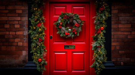 Front door to an English home painted red with a Christmas wreathの素材