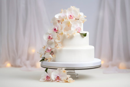 White multi-tiered wedding cake in white tones.の素材