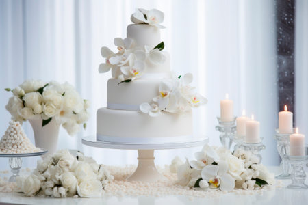 White multi-tiered wedding cake in white tones.の素材