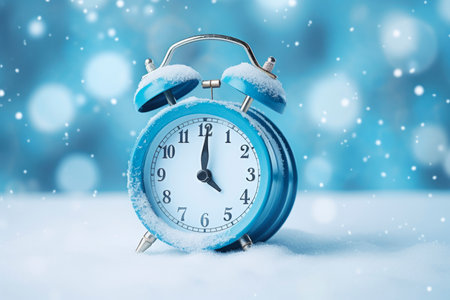 Alarm clock on the background of a winter landscape.の素材