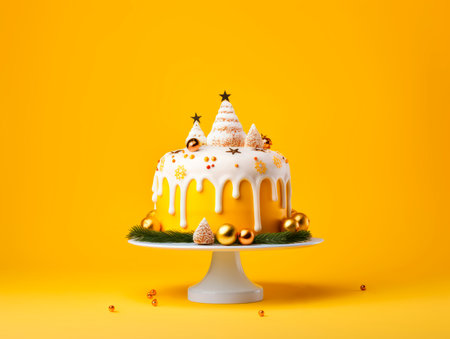 An unusual creative Christmas cake. Yellow background.の素材