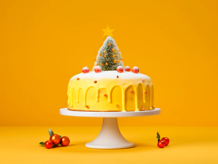 An unusual creative Christmas cake. Yellow background.の素材