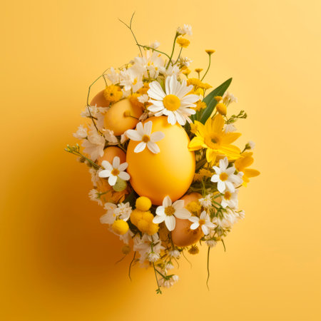 Yellow Easter creative composition with Easter eggs and spring flowersの素材