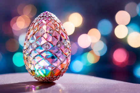 Glamorous shiny Easter egg in rhinestones and glitter on a neon background.の素材