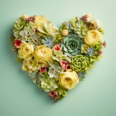 The heart is lined with beautiful succulents and flowers on a light background.の素材